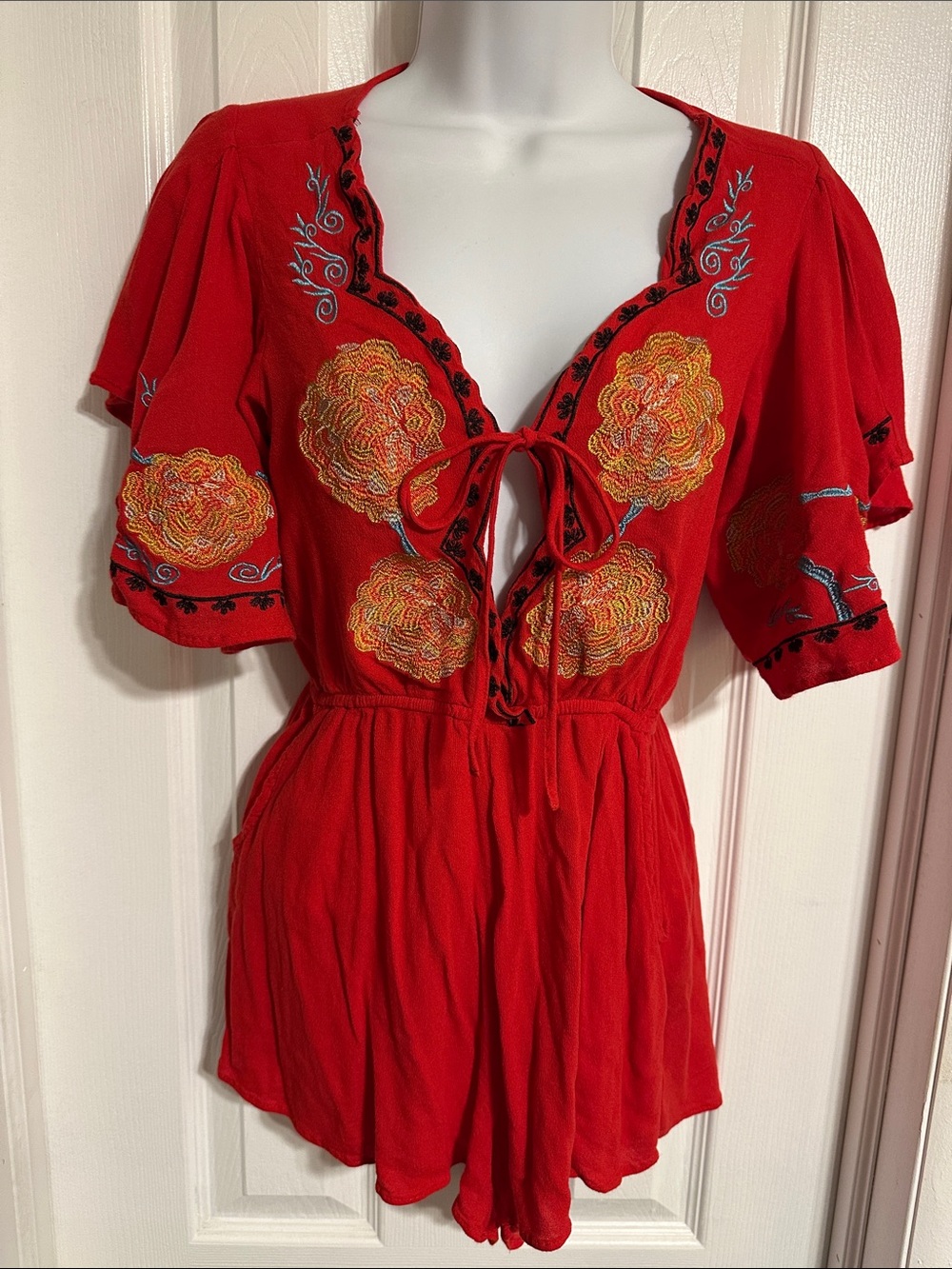 Red Embroidered Tie-Front Women's Romper